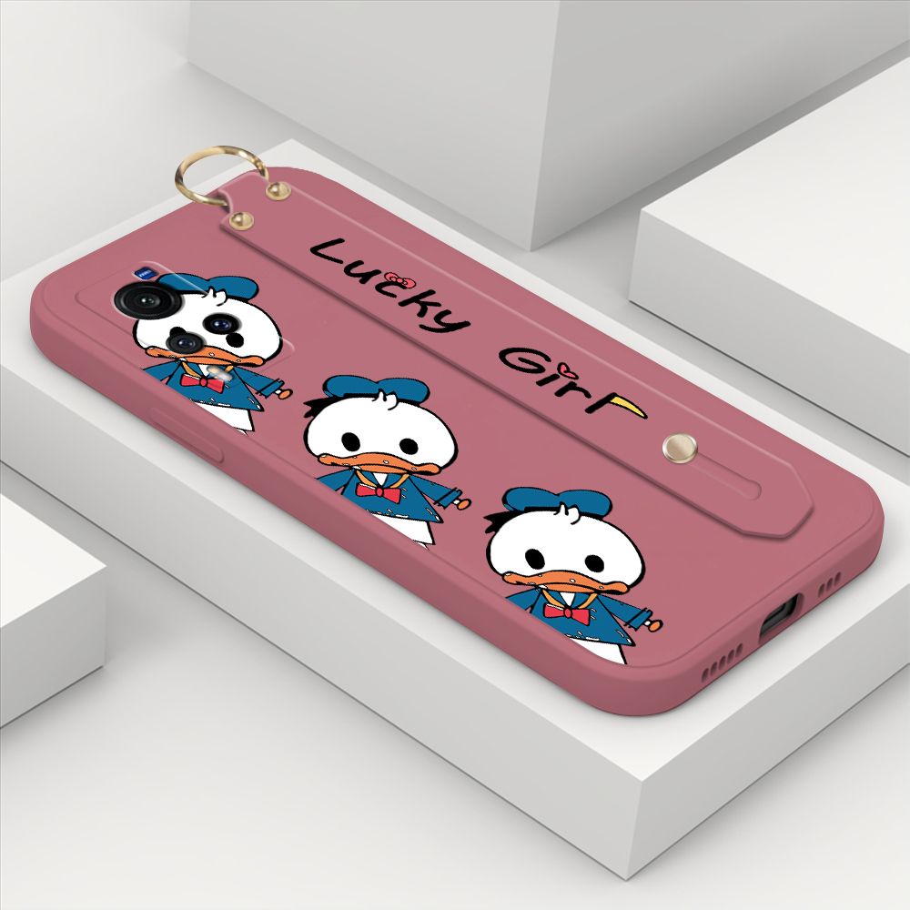 ZeroQiQi for Vivo X60 5G Wrist Strap Case Cute Cartoon Little Duck Phone Case Square Edge Liquid Silicone Case Full Cover Camera Shockproof Protective Cases