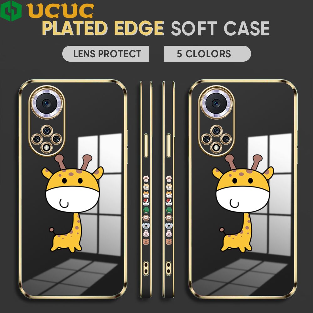 UCUC for Huawei Nova 9 Back Cover + Free Lanyard Big Head Giraffe Luxury 6D Plating Case Side Pattern Soft Silicone Square Phone Cases