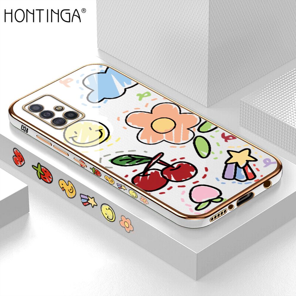 Hontinga for Samsung A51 4G Back Cover + Free Lanyard Luxury 6D Plating Cartoon Cherry Peach Side Pattern Case Soft Silicone Square Mobile Cover