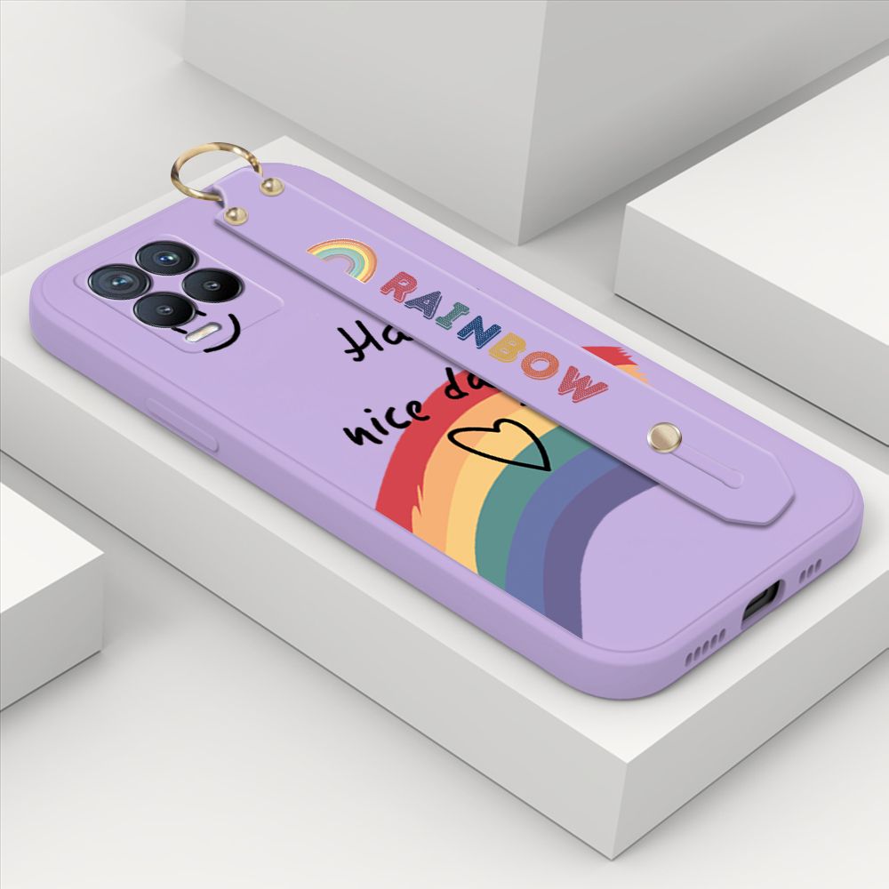 ZeroQiQi for Realme 8 Pro Wrist Strap Case Lovely Graffiti Rainbow Smile Thin Phone Cover Square Edge Liquid Silicone Creativity Phone Case