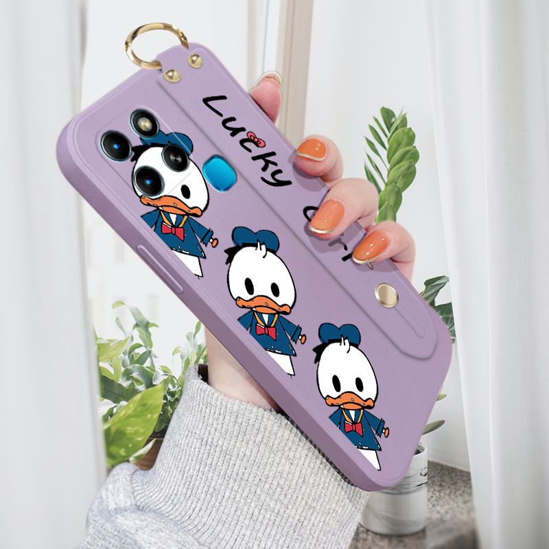 Jizetin for Infinix Smart 6 Back Cover Cute Little Donald Duck Wrist Strap Phone Case Candy Color shock proof Protective Phone Cases