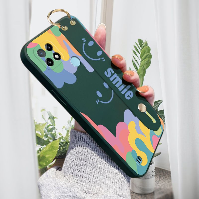 Jizetin for Realme C21 Wrist Strap Case Soft Candy Color Splash Ink Cover Ultra Thin Anti Fall Liquid Silicone Phone Case