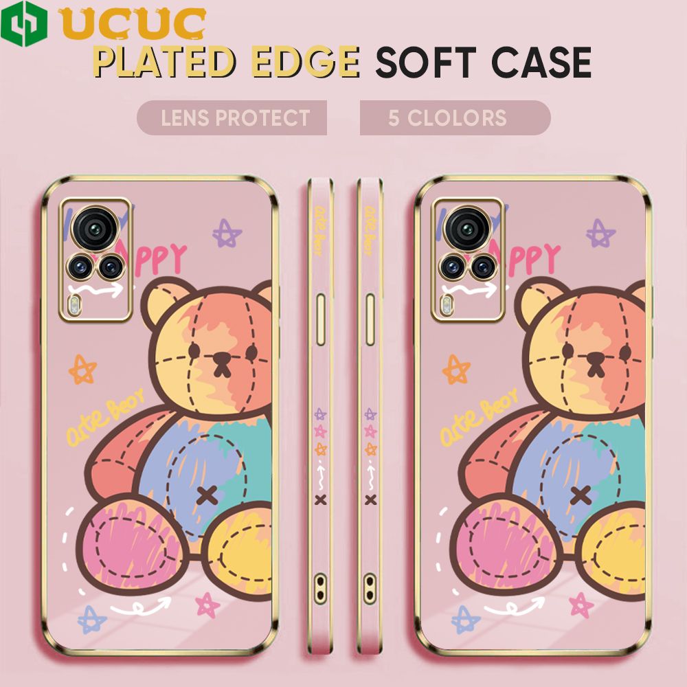 UCUC for Vivo X60 Pro Back Cover + Free Lanyard Colorful Muppet Bear Luxury 6D Plating Case Side Pattern Soft Silicone Square Phone Cases
