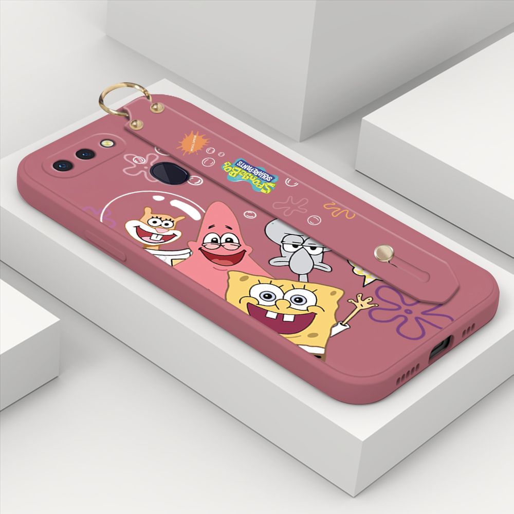 ZeroQiQi for OPPO R15 Pro Wrist Strap Case Cute Cute Funny Cartoon Sponge for Square Pants Cover Square Edge Liquid Silicone Anti-drop Phone Case