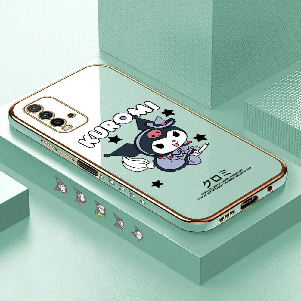 Luxury 6D Plating Soft Casing Silicone Square Frame Phone Case For Redmi 9T Case Shiny Bling Back Cover Cartoon Anime Character Cute Square Edge Pattern Design Soft Case + Free Lanyard