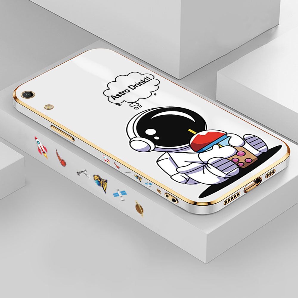 Jizetin (Free Lanyard) Huawei Y6 Pro 2019 Case Cute Cartoon Drink Astronaut Luxury 6D Plating Soft Casing Silicone Ultra Thin Phone Cover
