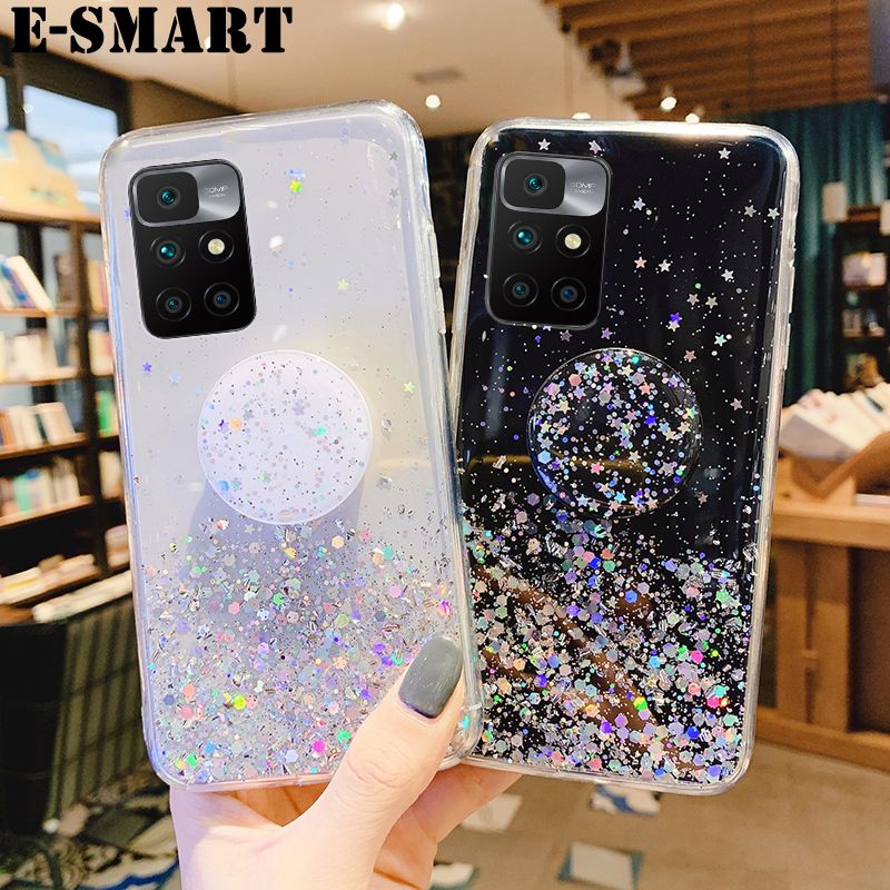 For Redmi 10 Prime Case Shiny Ring Glitter Soft Transparent Holder Stand Back cover with String Glitter Space Stars Moon Redmi 10 Prime Back Cover