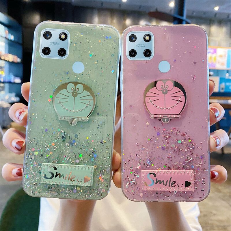Phone case Realme C21Y Shiny Ring Case Glitter Soft Transparent Doraemon Cases For Realme C21Y Back Cover Stars Moon Girls