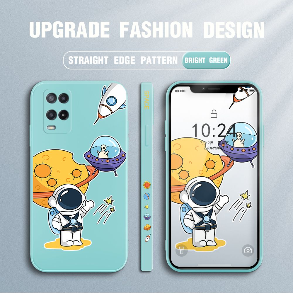 Jizetin for OPPO A54 / A54 2021 Case Side Design Phone Cover Moon Space Astronaut Cover Square Edge Pattern Liquid Silicone Trend Case