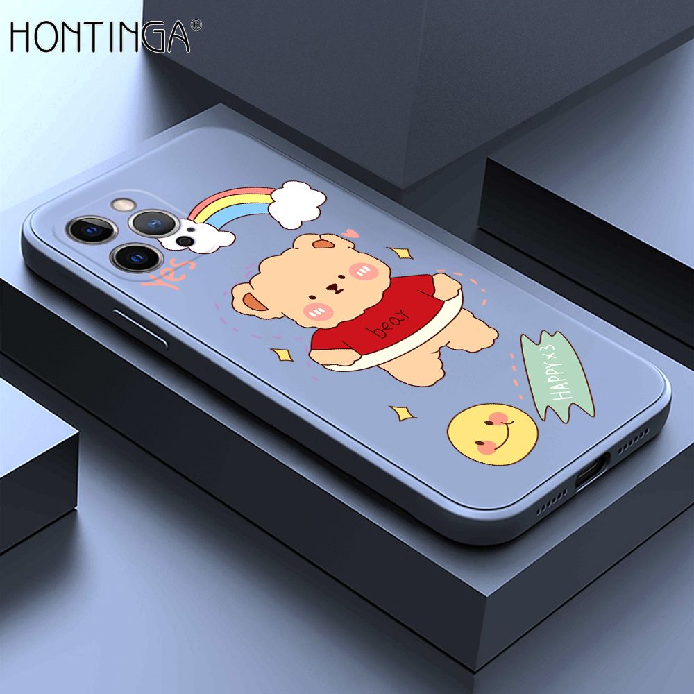 Hontinga for iPhone 12 Pro Max Case Lovely Cartoon Bear Phone Case Phone Case Soft Square Edge Silicone Cases Full Lens Cover Shockproof Protection Cover
