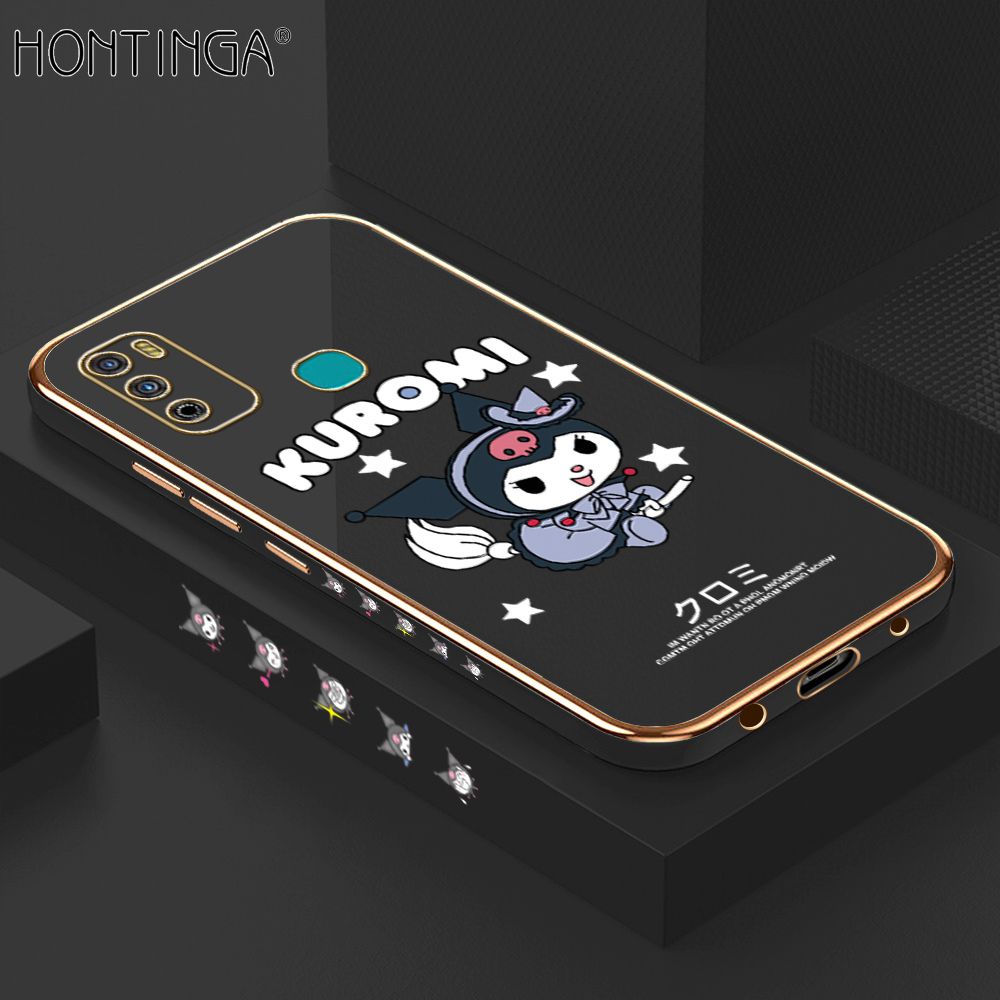 Hontinga for Infinix Hot 9 Play Back Cover Luxury 6D Plating Cartoon Little Witch Side Pattern Case Soft Silicone Square Phone Cases