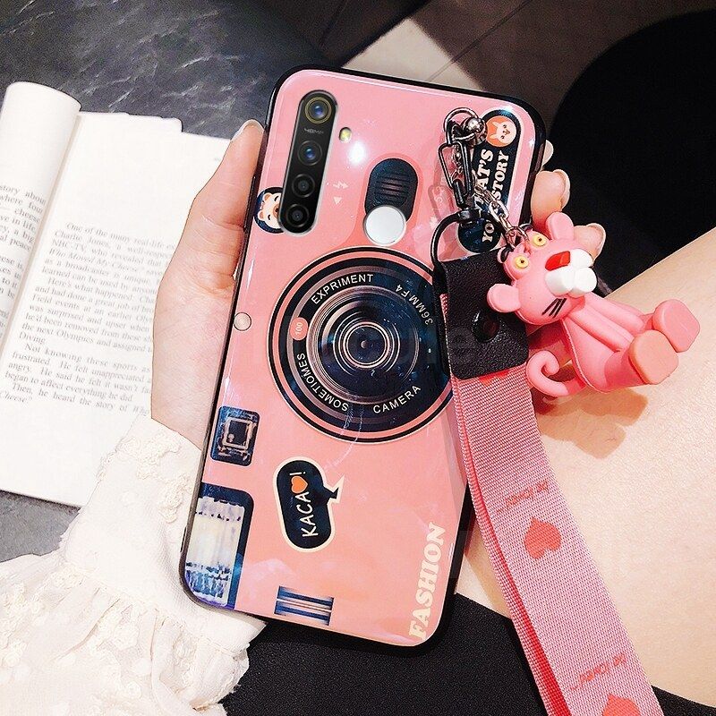 For Realme 5i Cover + Wrist Lanyard & Cute Cartoon Doll Fashion Camera Pattern Slim Phone Case Soft TPU Silicone Shockproof Protective Back Cover