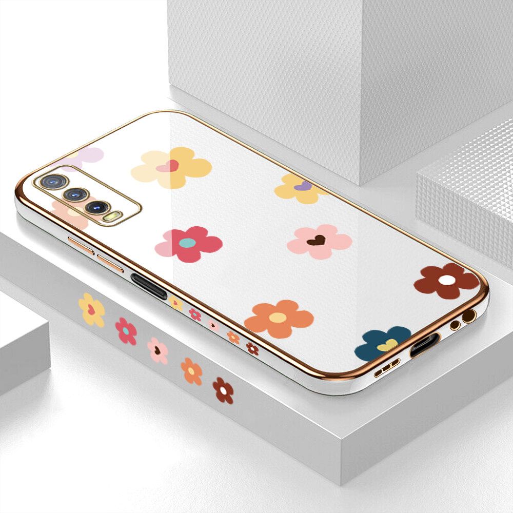 Luxury 6D Plating Case for Vivo Y20i Color Cartoon Flowers Side Pattern Back Cover Soft Silicone Square Frame Shiny Bling Phone Cases + Free Lanyard