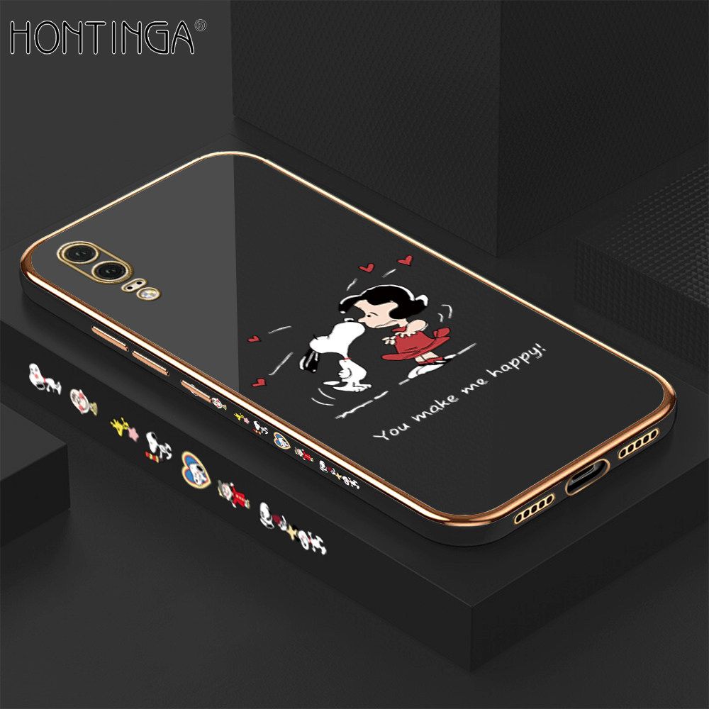 Hontinga for Huawei P20 Back Cover + Free Lanyard Luxury 6D Plating Happy Puppy and Girl Side Pattern Case Soft Silicone Square Mobile Cover