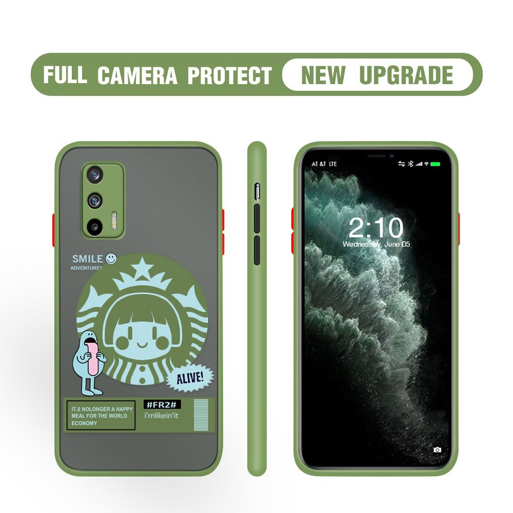 Hontinga for Realme GT 5G Case Cute Coffee Girl Camera Shockproof Protection Casing Edge Frosted Transparent Phone Cover