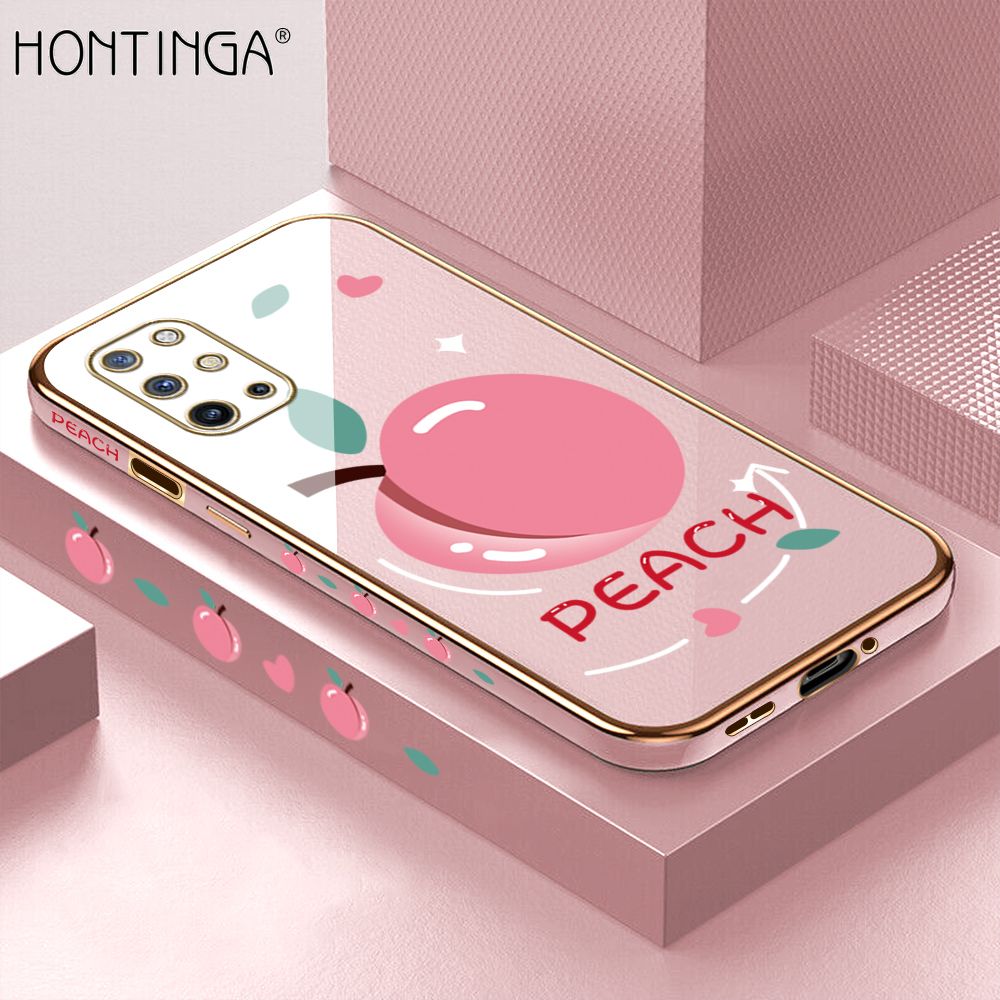 Hontinga for OnePlus 8T Back Cover + Free Lanyard Luxury 6D Plating Cartoon Simple Peach Side Pattern Case Soft Silicone Square Mobile Cover