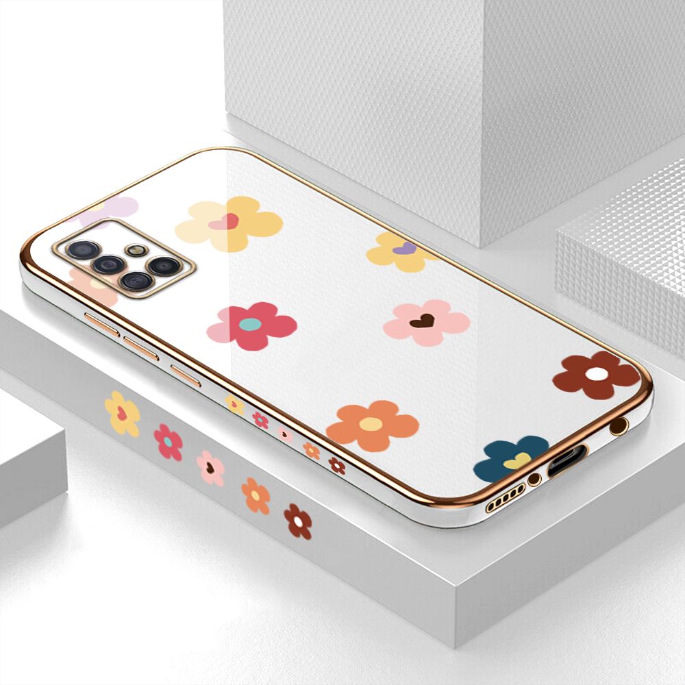 Luxury 6D Plating Case for Samsung A51 4G Color Cartoon Flowers Side Pattern Back Cover Soft Silicone Square Phone Cases + Free Lanyard
