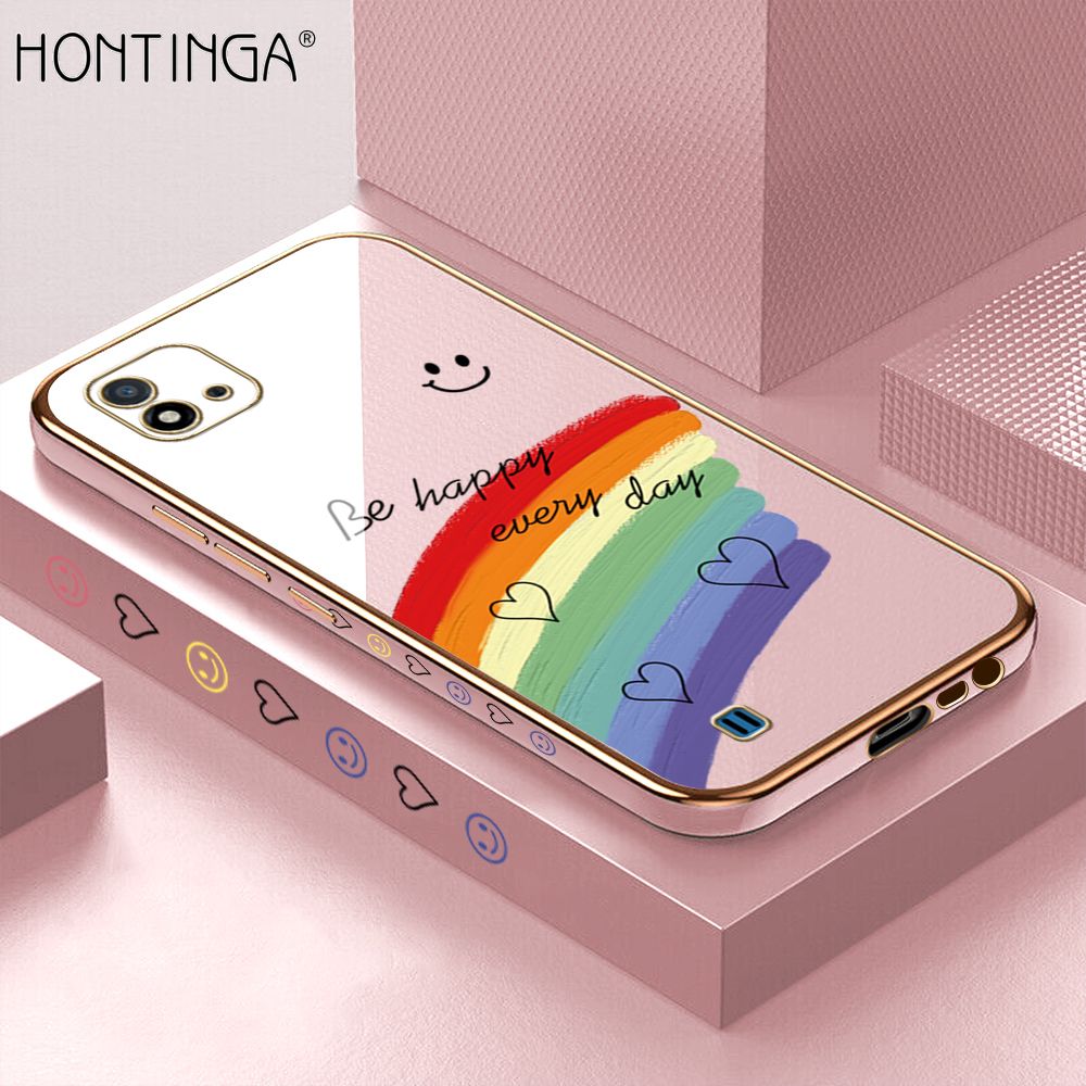 Hontinga for Realme C20 / C20A / C11 2021 Back Cover + Free Lanyard Luxury 6D Plating Smile Rainbow Side Pattern Case Soft Silicone Square Mobile Cover