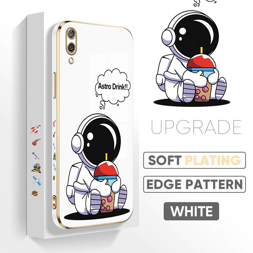 TA for Honor Y7 Pro 2019 Back Cover + Free Lanyard Cute Astronaut Luxury 6D Plating Case Side Pattern Soft Silicone Square Phone Cases
