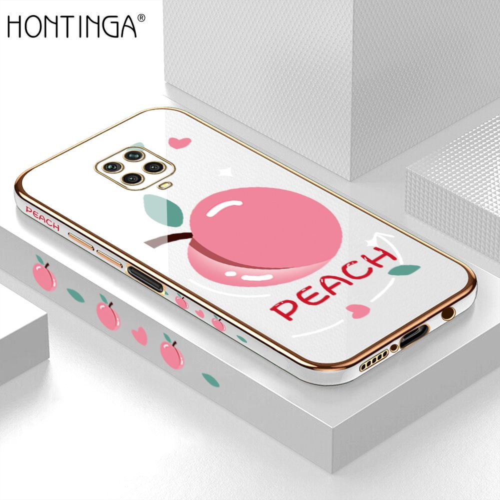 Hontinga for Redmi Note 9S / Note 9 Pro / Note 9 Pro Max Back Cover + Free Lanyard Luxury 6D Plating Cartoon Simple Peach Side Pattern Case Soft Silicone Square Mobile Cover
