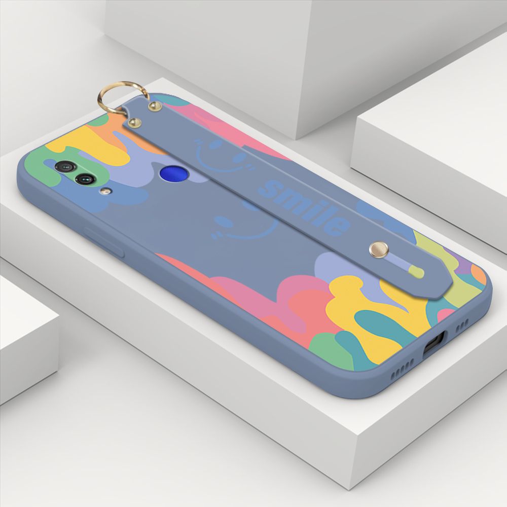 ZeroQiQi for Xiaomi Redmi Note 7 Wrist Strap Case Soft Candy Color Splash Ink Cover Trend Square Printed Pattern Liquid Silicone Phone Case