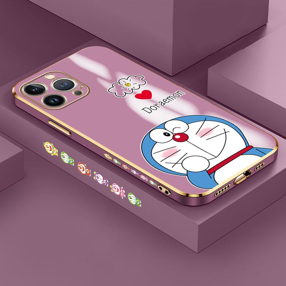 Hontinga for iPhone 13 Pro Max Back Cover + Free Lanyard Luxury 6D Plating Grinning Cartoon Cat Side Pattern Case Soft Silicone Square Mobile Cover