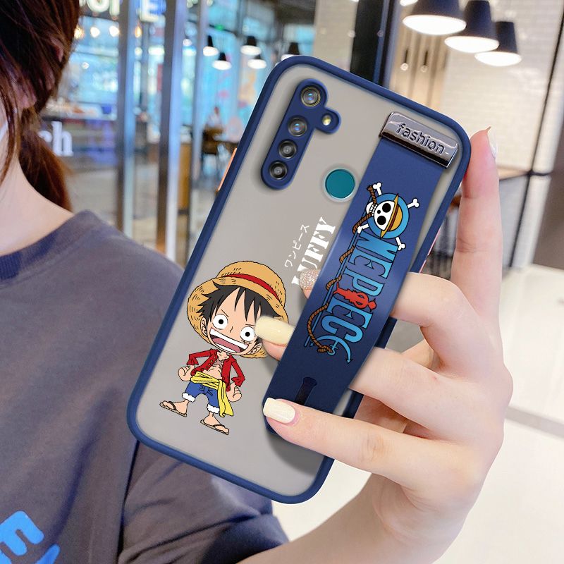 UCUC for Realme 5 Pro Wrist Strap Case Anime One Piece Luffy Wristband Printing Cover Shockproof Frosted Phone Case