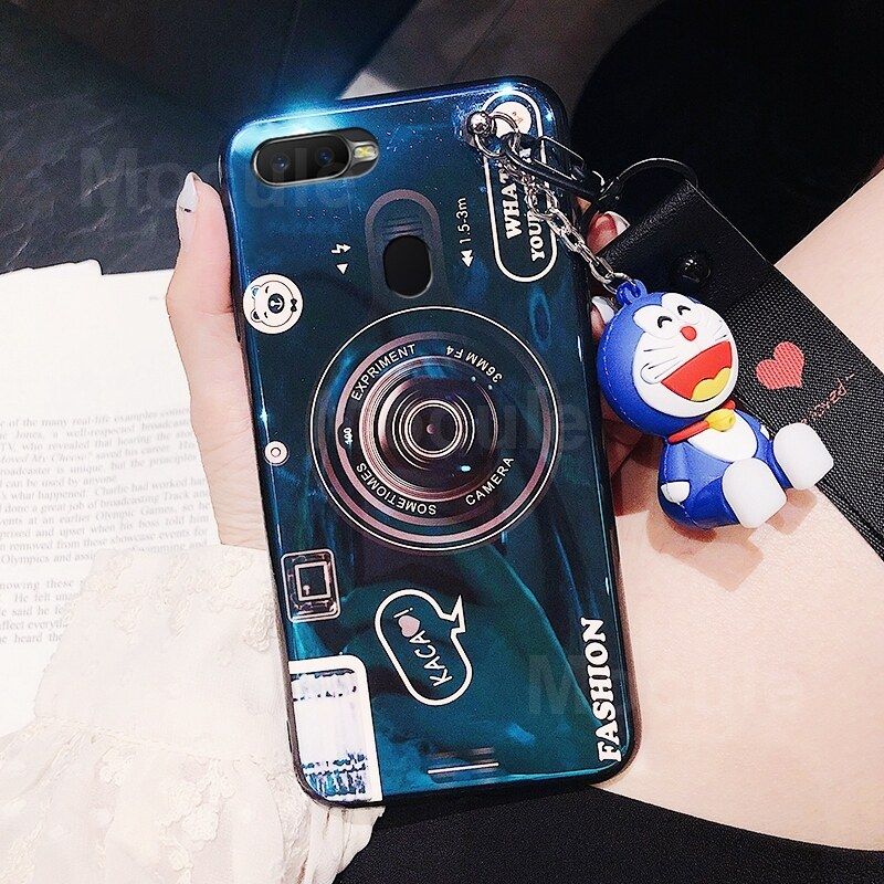 For OPPO A11K Cover + Wrist Lanyard & Cute Cartoon Doll Fashion Camera Pattern Slim Phone Case Soft TPU Silicone Shockproof Protective Back Cover