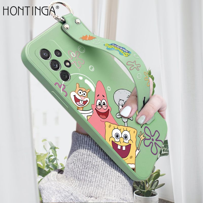 Hontinga for Samsung Galaxy A72 4G / 5G Wrist Strap Case Cute Cute Funny Cartoon Sponge for Square Pants Cover Square Edge Liquid Silicone Anti-drop Phone Case