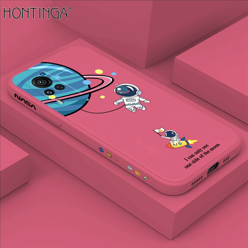 Hontinga for Vivo X60 Pro 5G Case Cartoon Astronaut Side Design Back Cover Soft Square Edge Liquid Silicone Phone Cases