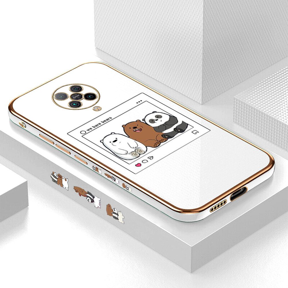 Luxury 6D Plating Case for Xiaomi Poco F2 Pro Cute Cartoon Anime Bears Side Pattern Back Cover Soft Silicone Square Frame Shiny Bling Phone Cases + Free Lanyard