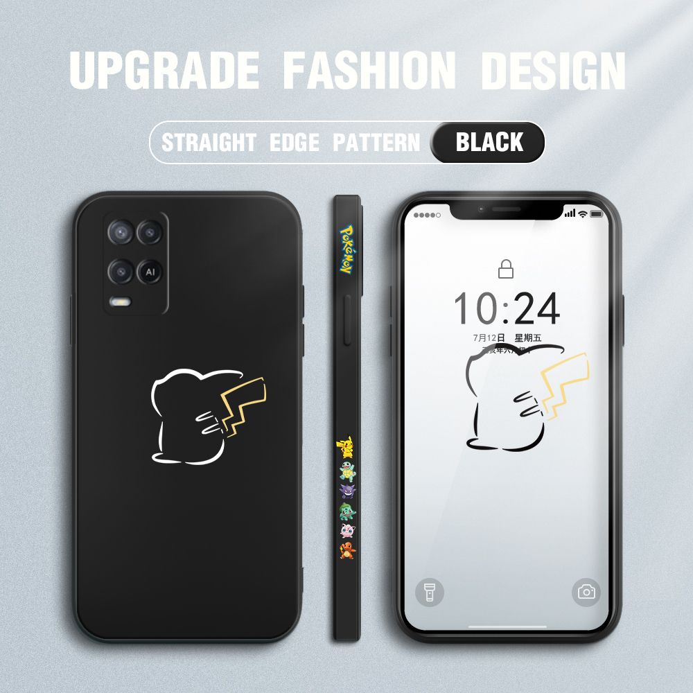Jizetin for OPPO A54 / A54 2021 Case New Pikachu Pokémon Design Side Design Phone Case Square Edge Pattern Liquid Silicone Cases Full Cover Camera Soft Protection Case