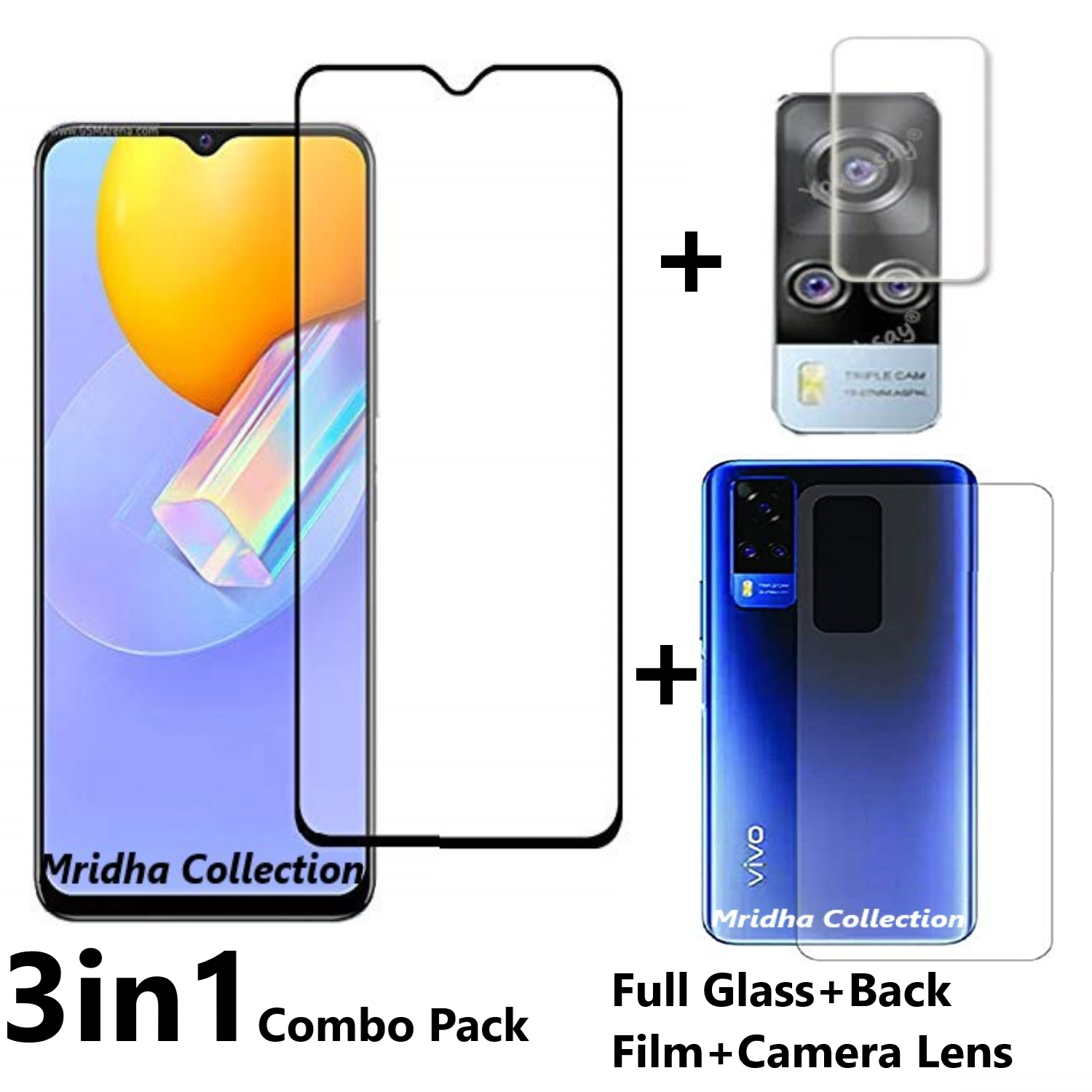 3in1 Protector Combo Pack for vivo Y21 (Full Screen Protector Glass+Back Hydrogel Protector Poly+Camera Lens Protector)