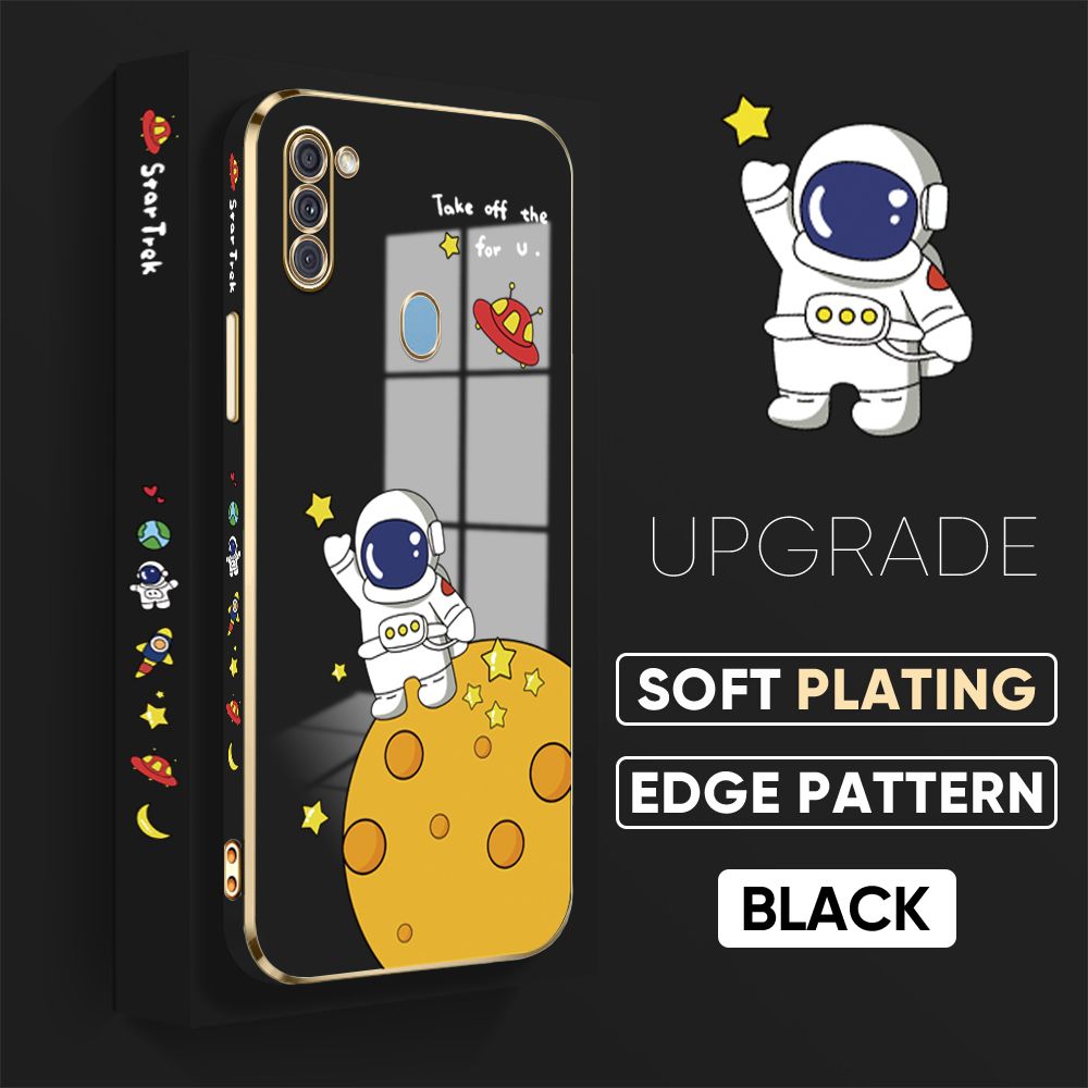 TA for Samsung Galaxy A11 M11 Back Cover + Free Lanyard Planet Astronaut Luxury 6D Plating Case Side Pattern Soft Silicone Square Phone Cases