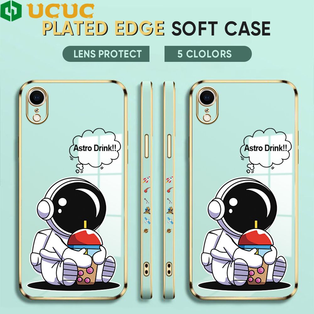 UCUC for iPhone XR Back Cover + Free Lanyard Cute Astronaut Luxury 6D Plating Case Side Pattern Soft Silicone Square Phone Cases
