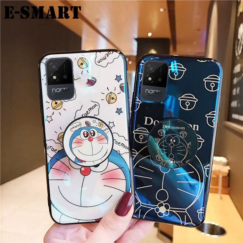 Phone Case Realme Narzo 50i Back Cover Cute 3D Cartoon Blue Light Happy Doraemon Soft Couple Cases Stand Holder for Realme Narzo50i Case