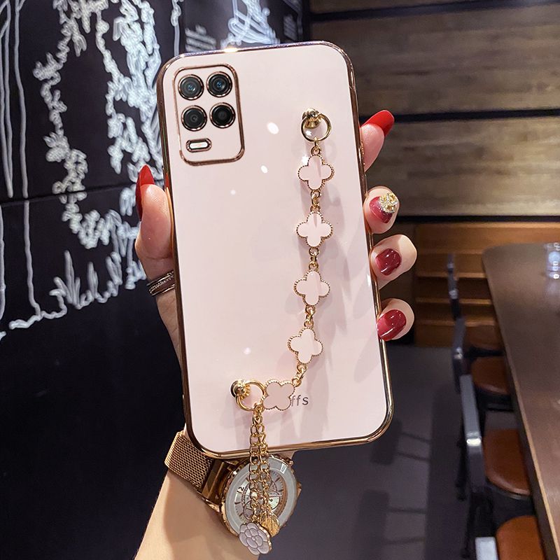 For OPPO A54 Back Cover with Lucky Clover Wristband Chain Fashion Bracelet Shiny Plating Square Edge Bumper Phone Case Soft Silicone Bumper Protective Cover
