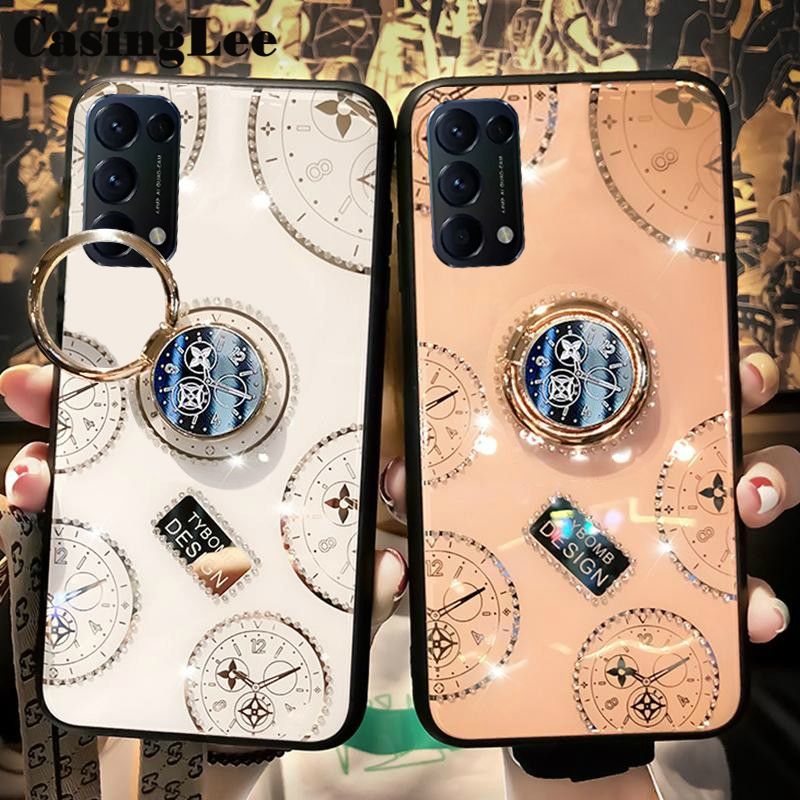 CasingLee For OPPO Reno 5 case Navigation Magnetic Ring Holder Luxury Diamond clock Mirror Back  Cover OPPO Reno5 Phone cases cover Luxury with Lanyard