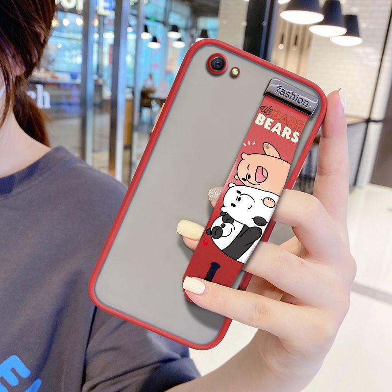 UCUC for OPPO R9S Wrist Strap Case Cute Cartoon Three Little Bears Wristband Printing Cover Shockproof Frosted Phone Case