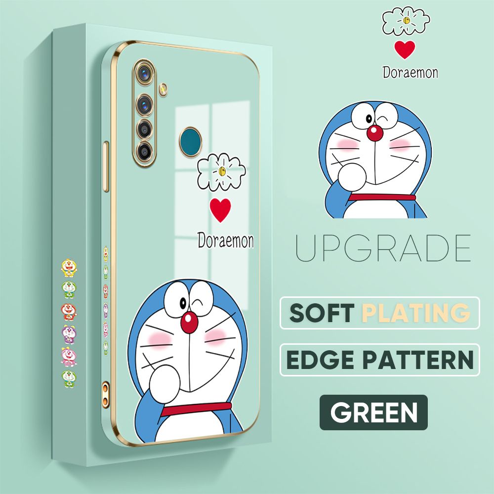 Jizetin (Free Lanyard) Realme 5 Pro Cover Sneak Doraemon Luxury 6D Plating Soft Casing Silicone Square Frame Phone Case Shiny Bling Back Cover