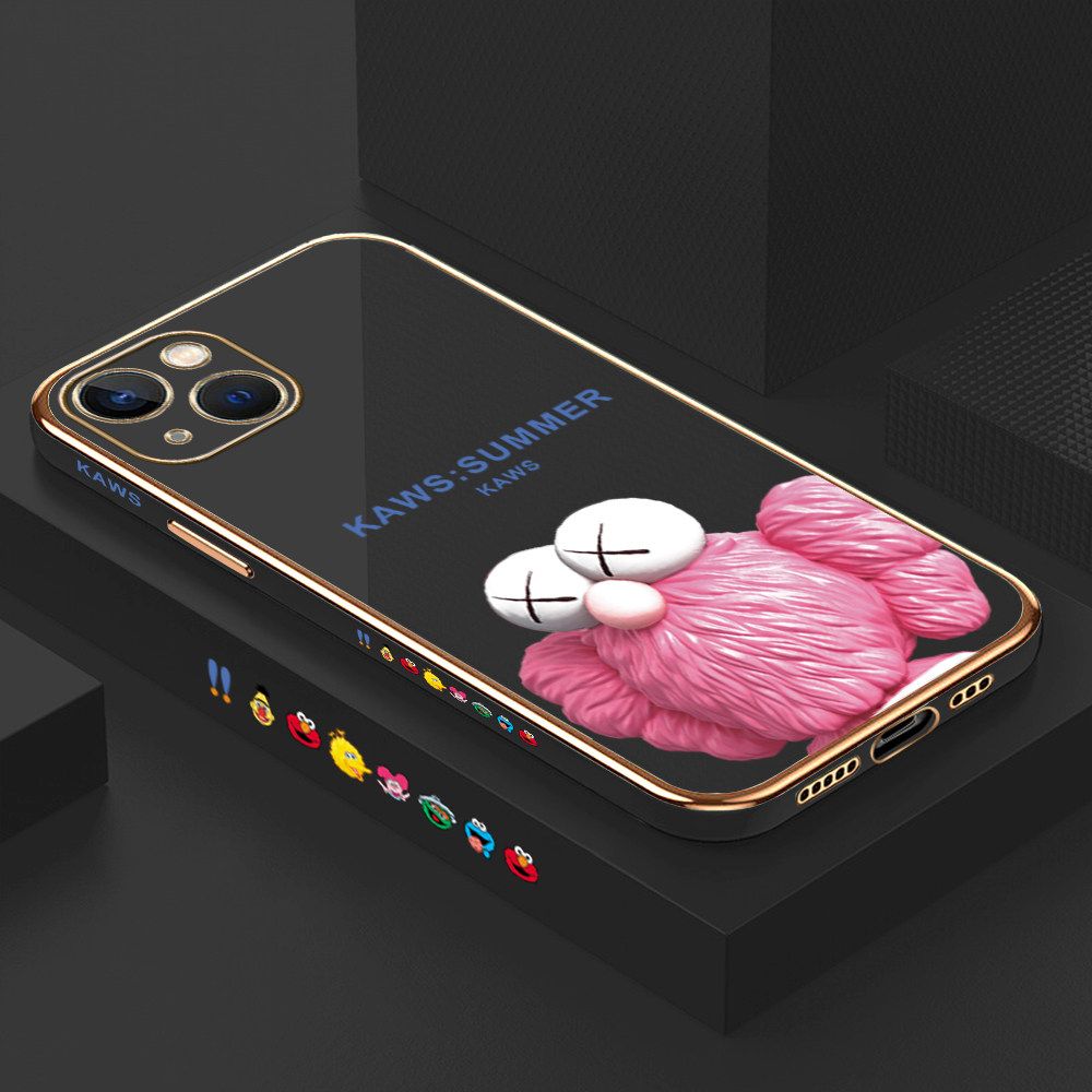 Luxury 6D Plating Soft Casing Silicone Square Frame Phone Case For iPhone 13 Case Shiny Bling Back Cover Cartoon Pink Doll Square Edge Pattern Design Soft Case + Free Lanyard