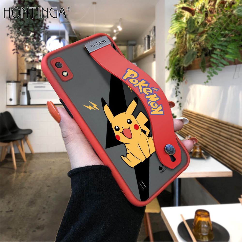 Hontinga for Samsung A10 Back Cover With Wristband Cartoon Pikachu Phone Casee Full Lens Protection Thin Frosted Cases