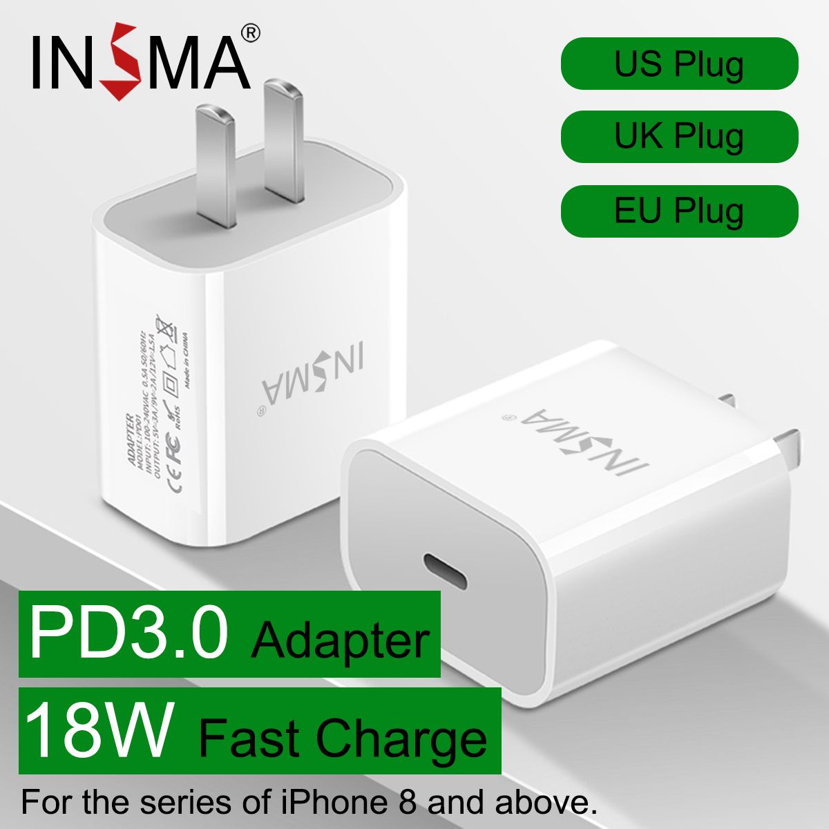 INSMA 18W Fast Charger PD3.0 Charger Type-C Adapter For i 8 X XS 11 Pro