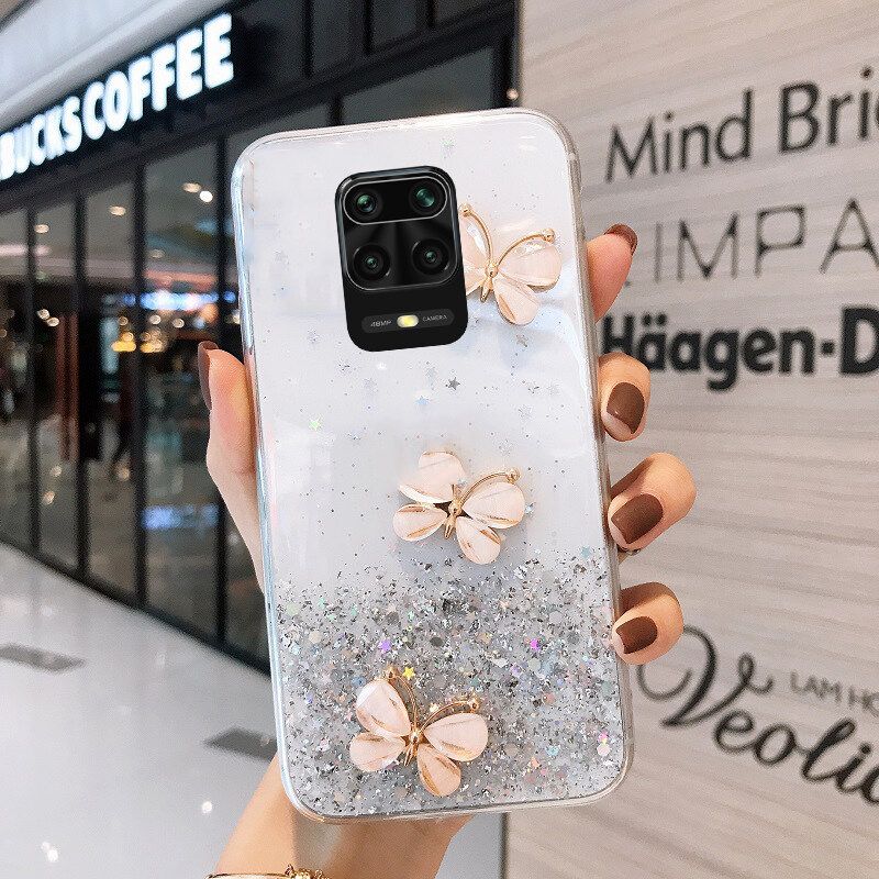 Phone case Redmi Note 9S Shiny Ring Case Glitter Soft Transparent Butterfly Cases For Redmi Note9S Back Cover Stars Moon Girls