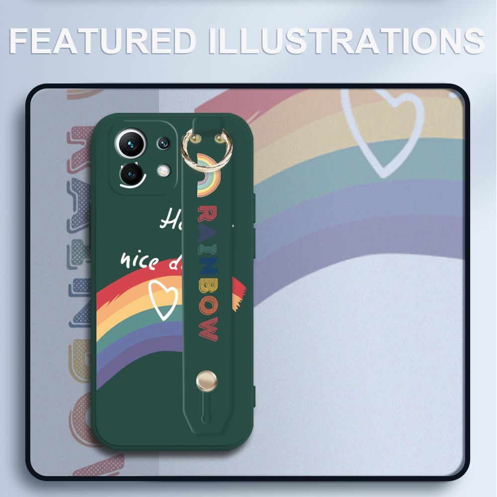 UCUC for Xiaomi Mi 11 Wrist Strap Case INS Style Smile Rainbow Cover Ultra Thin Anti Fall Liquid Silicone Phone Case