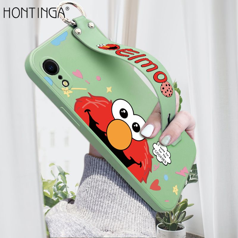 Hontinga for iPhone XR Wrist Strap Case Cute Cute Cartoon Little Monster Phone Cover Square Edge Liquid Silicone Case Full Cover Camera Shockproof Protective Cases