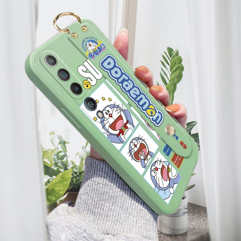 Jizetin for Xiaomi Mi 10 Wrist Strap Case Creative Cartoon Doraemon's Daily Life Cover Ultra Thin Anti Fall Liquid Silicone Phone Case
