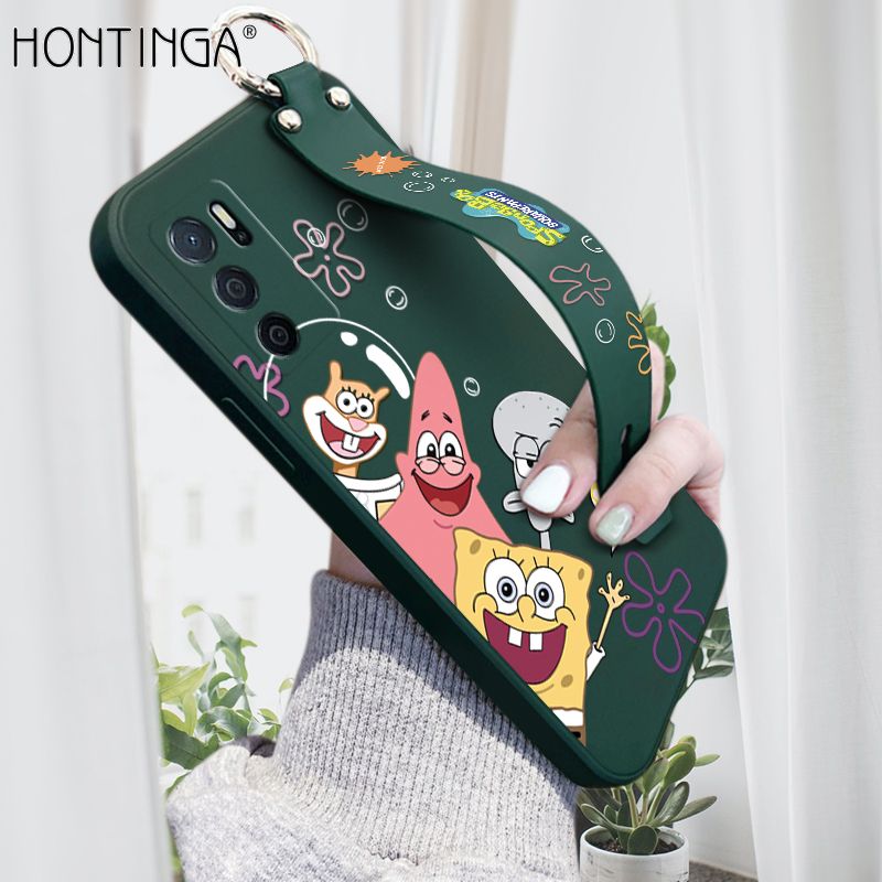 Hontinga for OPPO A16 Wrist Strap Case Cute Cute Funny Cartoon Sponge for Square Pants Cover Square Edge Liquid Silicone Anti-drop Phone Case