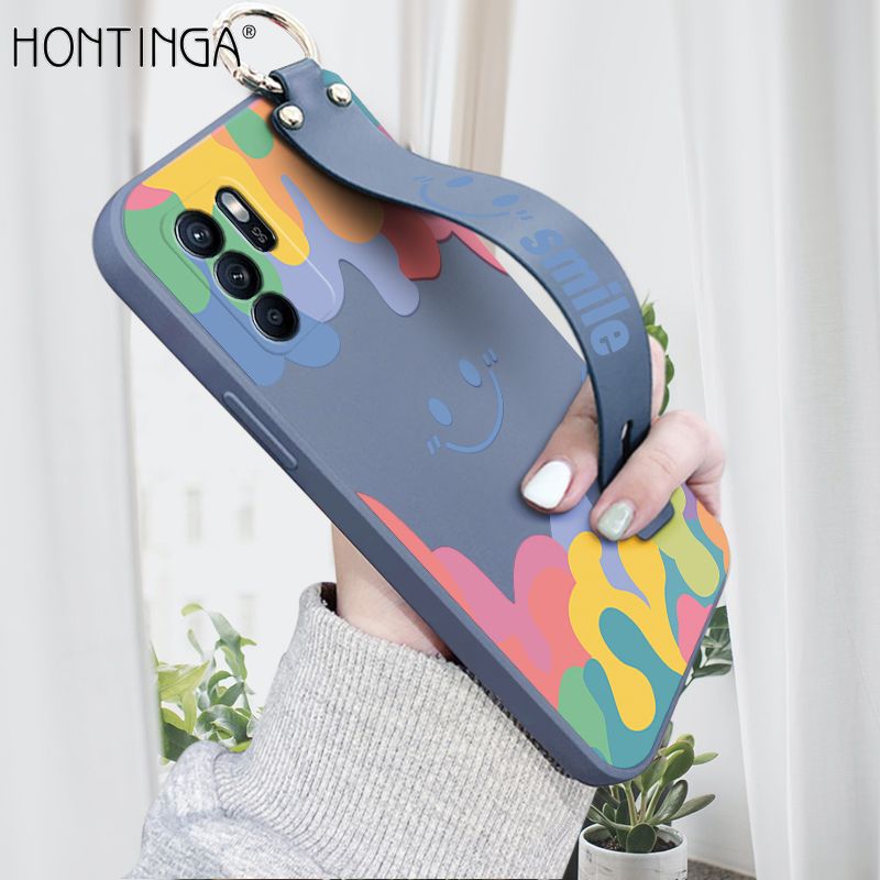 Hontinga for OPPO Reno6 Z 5G Wrist Strap Case Soft Candy Color Splash Ink Cover Trend Square Printed Pattern Liquid Silicone Phone Case