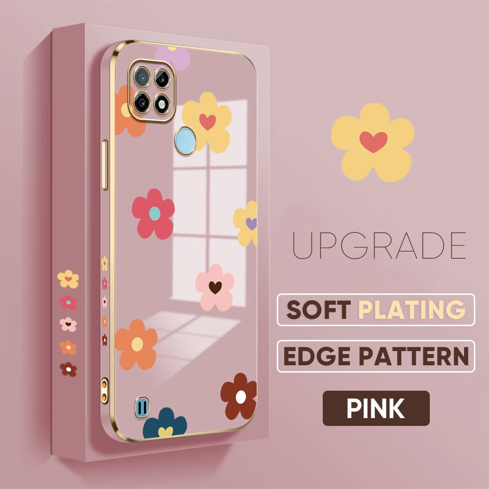 Jizetin (Free Lanyard) Realme C21 Back Cover Falling Flowers Luxury 6D Plating Case Side Pattern Soft Silicone Square Phone Cases